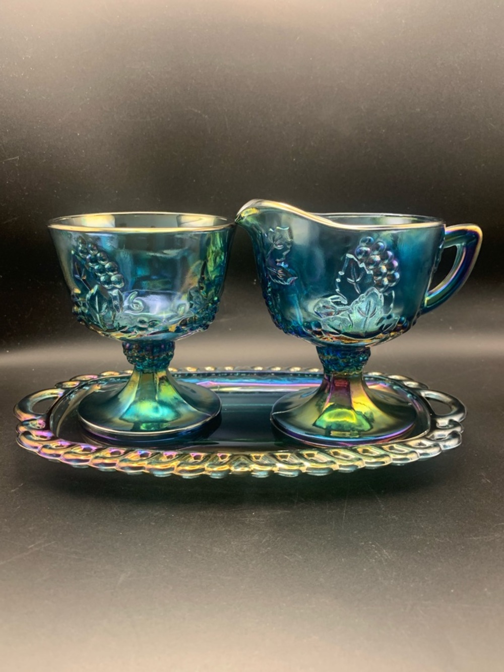Vintage Indiana Colony Blue Carnival Harvest Grape Sugar Bowl Creamer Tray Set